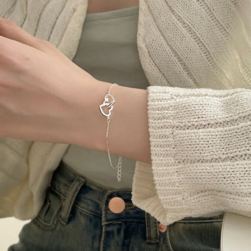 New Silver Color Double Heart Bracelet & Bangle for Women Girls