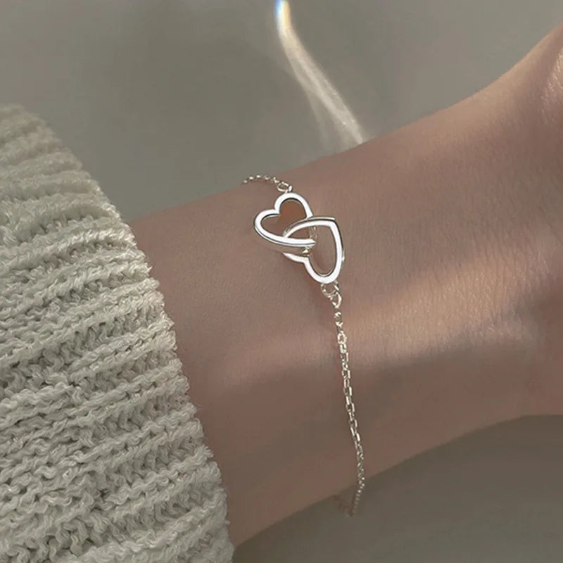 New Silver Color Double Heart Bracelet & Bangle for Women Girls