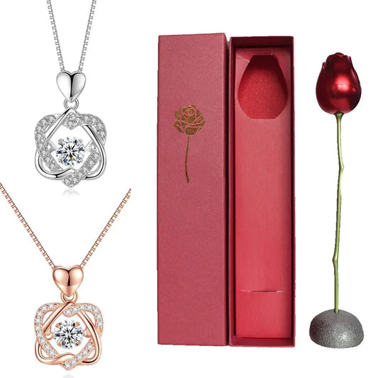 Creative Love Heart Necklace Set with Rose Simulation Flower