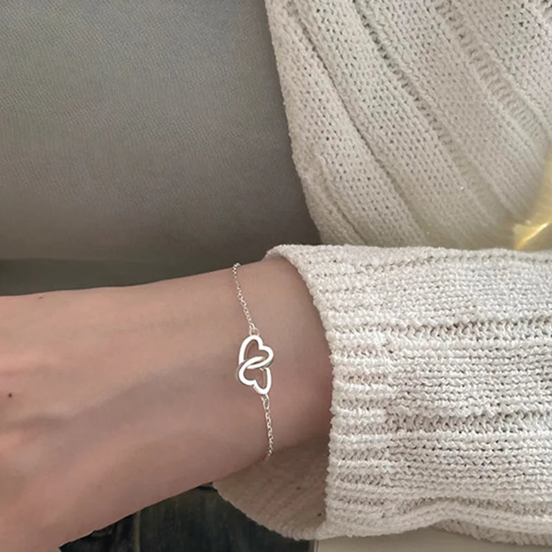 New Silver Color Double Heart Bracelet & Bangle for Women Girls